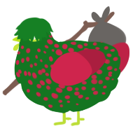 A leaf and crimson chicken with a speckle pattern