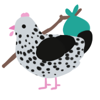 Catrel, a mist and black chicken with a speckle pattern
