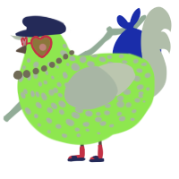 A violet and bark chicken with a speckle pattern