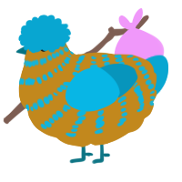 A ochre and cerulean chicken with a bar pattern