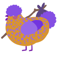 A orange and blurple chicken with a speckle pattern