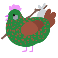 A viridian and russet chicken with a speckle pattern