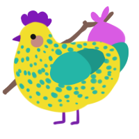 Banana of Conquest, a yellow and turquoise chicken with a speckle pattern