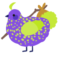 A blurple and lime chicken with a speckle pattern