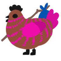 Lisa Frankenstein, a russet and fuchsia chicken with a bar pattern