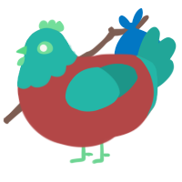 A red and turquoise chicken with a head pattern