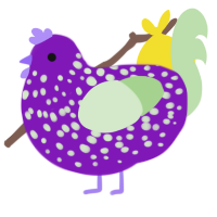A violet and gluppy chicken with a speckle pattern