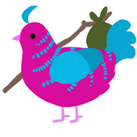 A fuchsia and cerulean chicken with a half-bar pattern