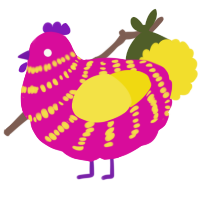 A fuchsia and yellow chicken with a bar pattern