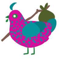 A fuchsia and teal chicken with a speckle pattern