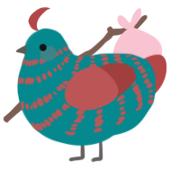 A teal and red chicken with a bar pattern