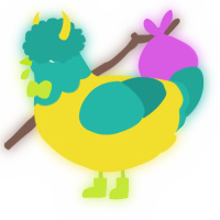 A yellow and turquoise chicken with a head pattern