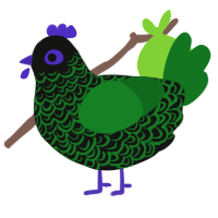 Glitchy, a black and leaf chicken with a double-lace pattern