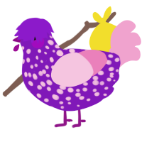 A violet and pink chicken with a speckle pattern