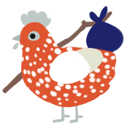 A vermilion and white chicken with a speckle pattern