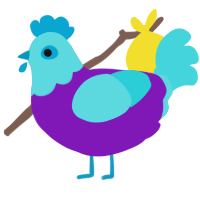 A violet and aqua chicken with a head pattern