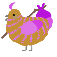 A gold and orchid chicken with a bar pattern