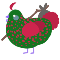 A leaf and crimson chicken with a speckle pattern
