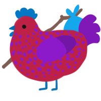 A crimson and violet chicken with a speckle pattern