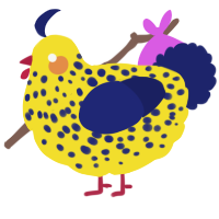 A yellow and navy chicken with a speckle pattern