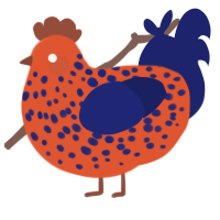 A vermilion and navy chicken with a speckle pattern