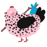 A rose and black chicken with a speckle pattern
