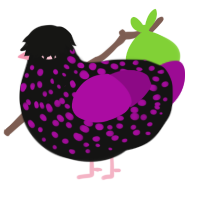 A black and plum chicken with a speckle pattern