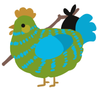 A chartreuse and cerulean chicken with a bar pattern