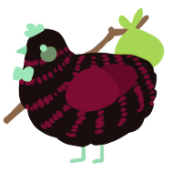 A black and maroon chicken with a bar pattern