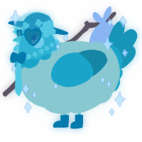 A gluppy and turquoise chicken with a head pattern