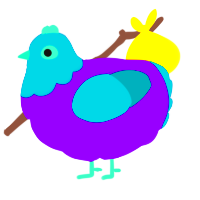 A violet and teal chicken with a head pattern