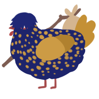 A navy and gold chicken with a speckle pattern