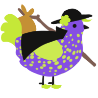 A blurple and lime chicken with a speckle pattern