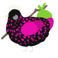 A black and fuchsia chicken with a speckle pattern