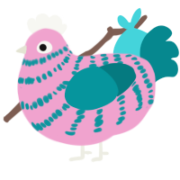 A pink and teal chicken with a bar pattern