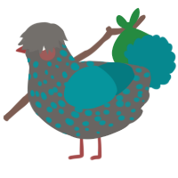 A grey and teal chicken with a speckle pattern