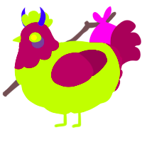A lime and maroon chicken with a head pattern