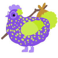 A blurple and lime chicken with a speckle pattern