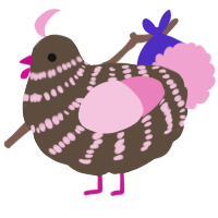 A bark and pink chicken with a bar pattern