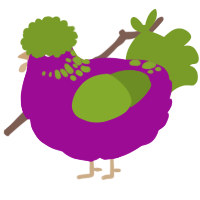 A plum and chartreuse chicken with a neck-speckle pattern