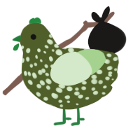Pickle, a olive and gluppy chicken with a speckle pattern