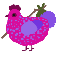 A fuchsia and blurple chicken with a speckle pattern