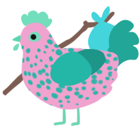 A pink and turquoise chicken with a speckle pattern