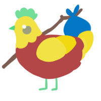 A red and yellow chicken with a head pattern