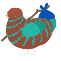 Bob the Blob, a russet and turquoise chicken with a bar pattern