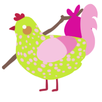 A lime and pink chicken with a speckle pattern