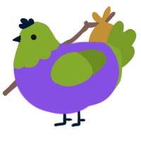 A blurple and chartreuse chicken with a head pattern