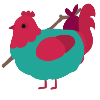 A turquoise and crimson chicken with a head pattern