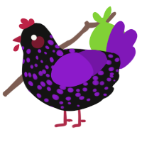 A black and violet chicken with a speckle pattern