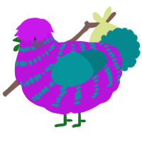 A amethyst and teal chicken with a bar pattern